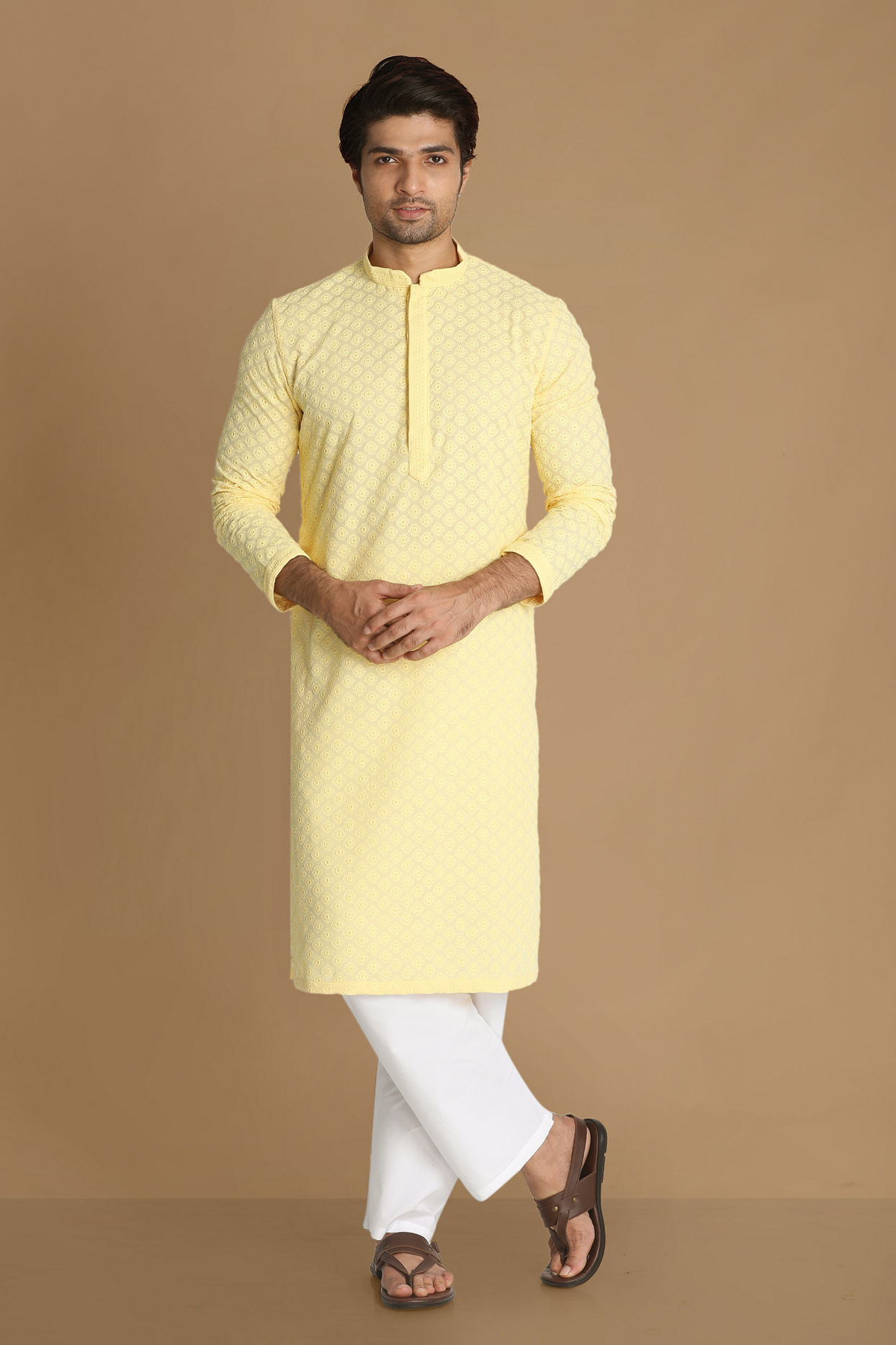 Light Yellow Chikankari Kurta Pajama image number 1